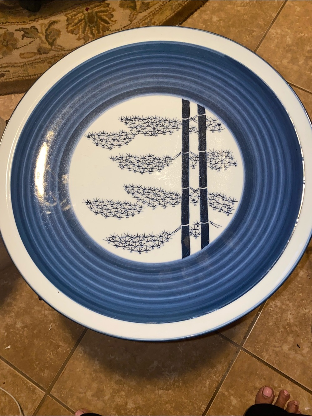 Vintage Japanese 15.5” Blue Bamboo Pattern Ceramic Serving Plate - Brand